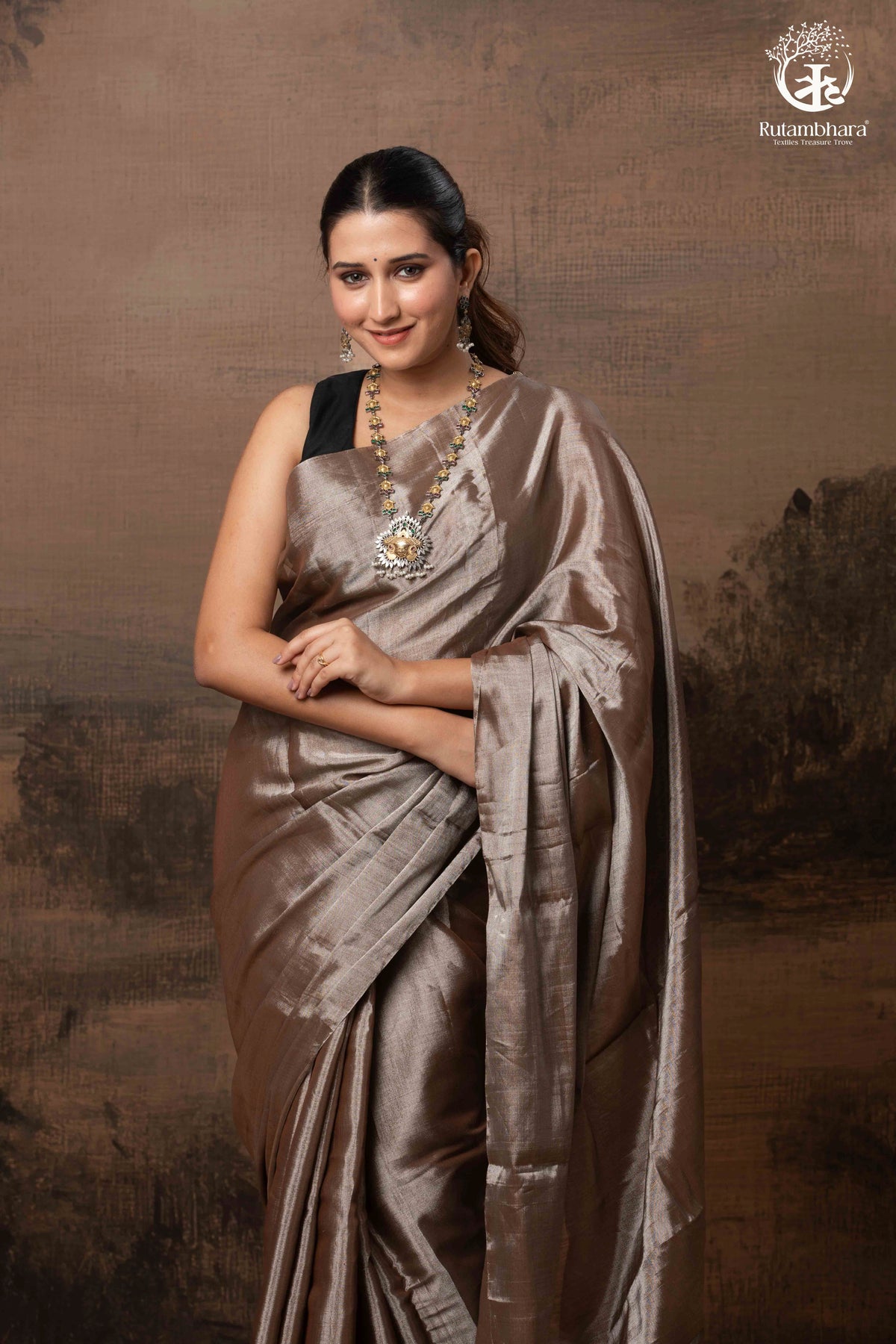 Swarvi - Lustrous SIlver Brown Handwoven Chanderi Tissue Saree