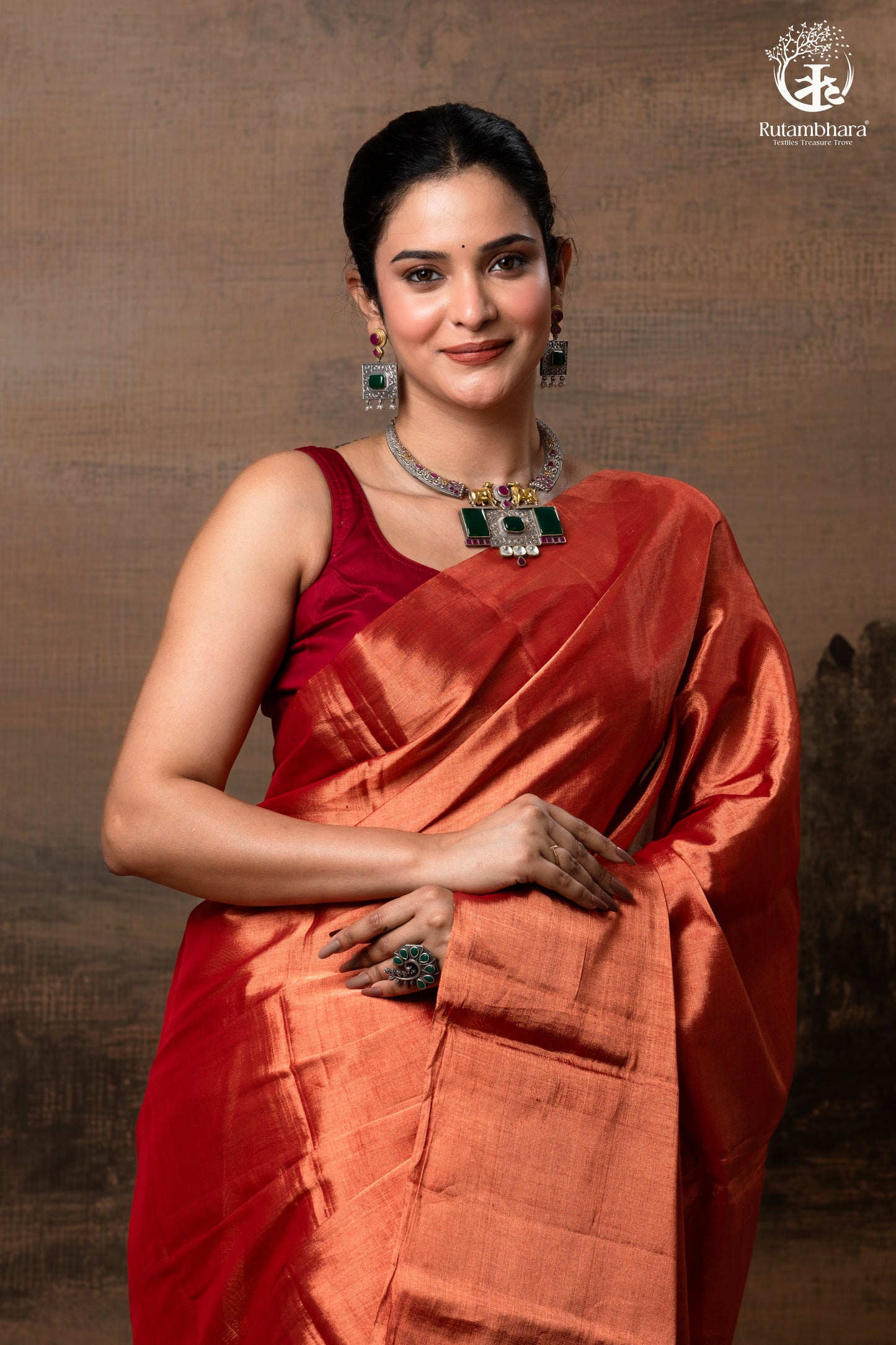 Swarvi - Copper Rouge Handwoven Chanderi Tissue Saree