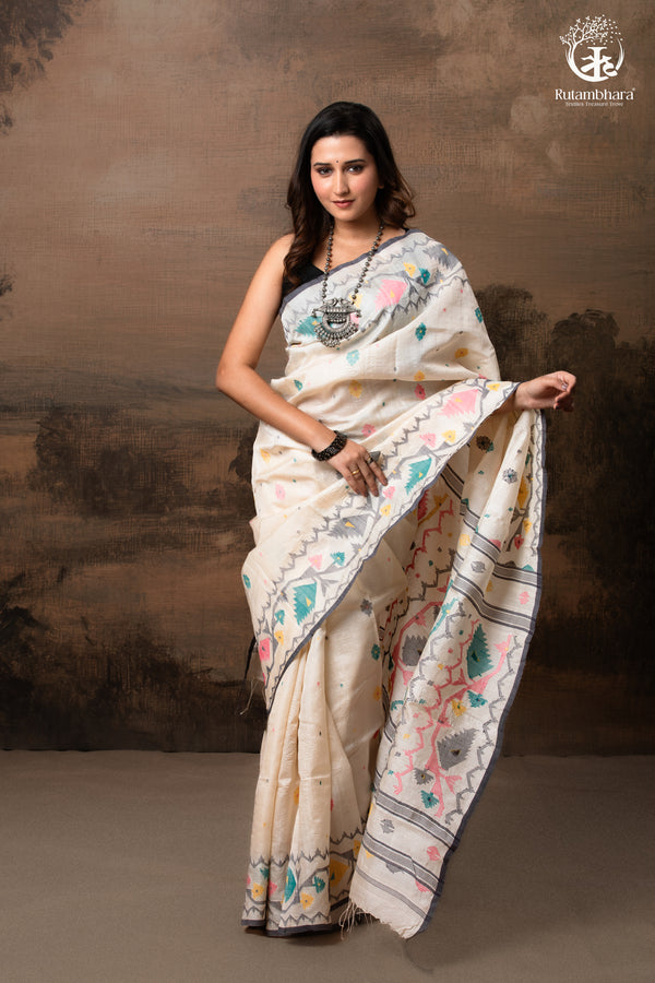 Off-White Handwoven Jamdani Tussar Silk Saree-Rutambhara-RUTAMBHARA