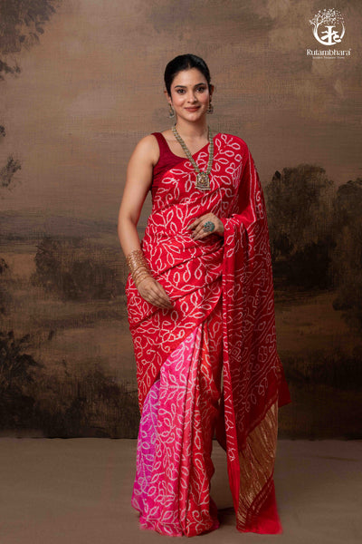 Radiant Tradition: Gajji Silk Bandhani Saree in Red & Pink-RUTAMBHARA -RUTAMBHARA