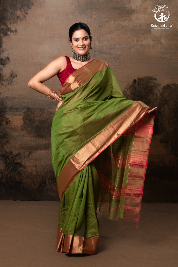 RAASTA - GREEN WITH DEEP PINK SELVEDGE AND GOLD ZARI CHATAI BORDER-RUTAMBHARA-RUTAMBHARA