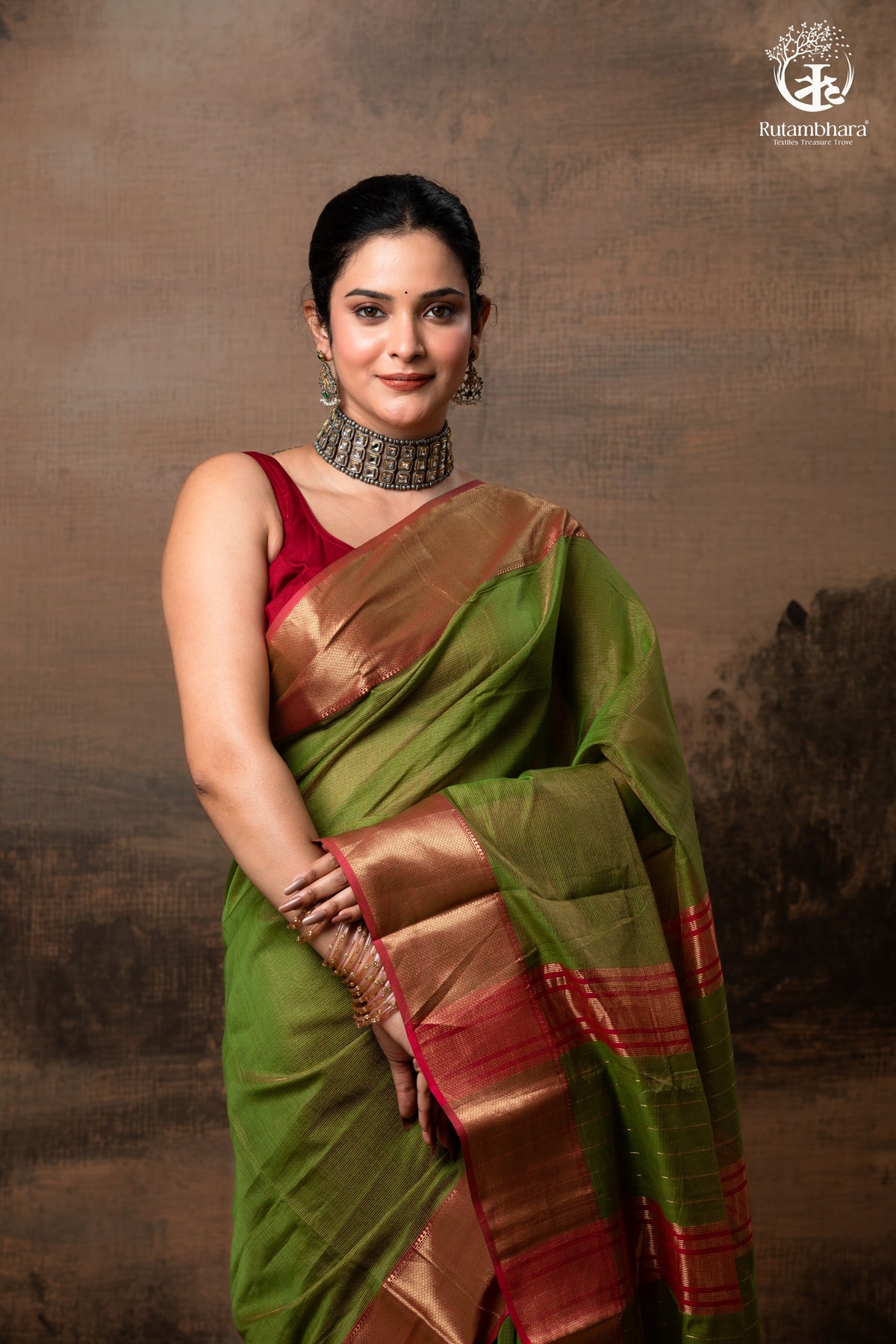RAASTA - GREEN WITH DEEP PINK SELVEDGE AND GOLD ZARI CHATAI BORDER