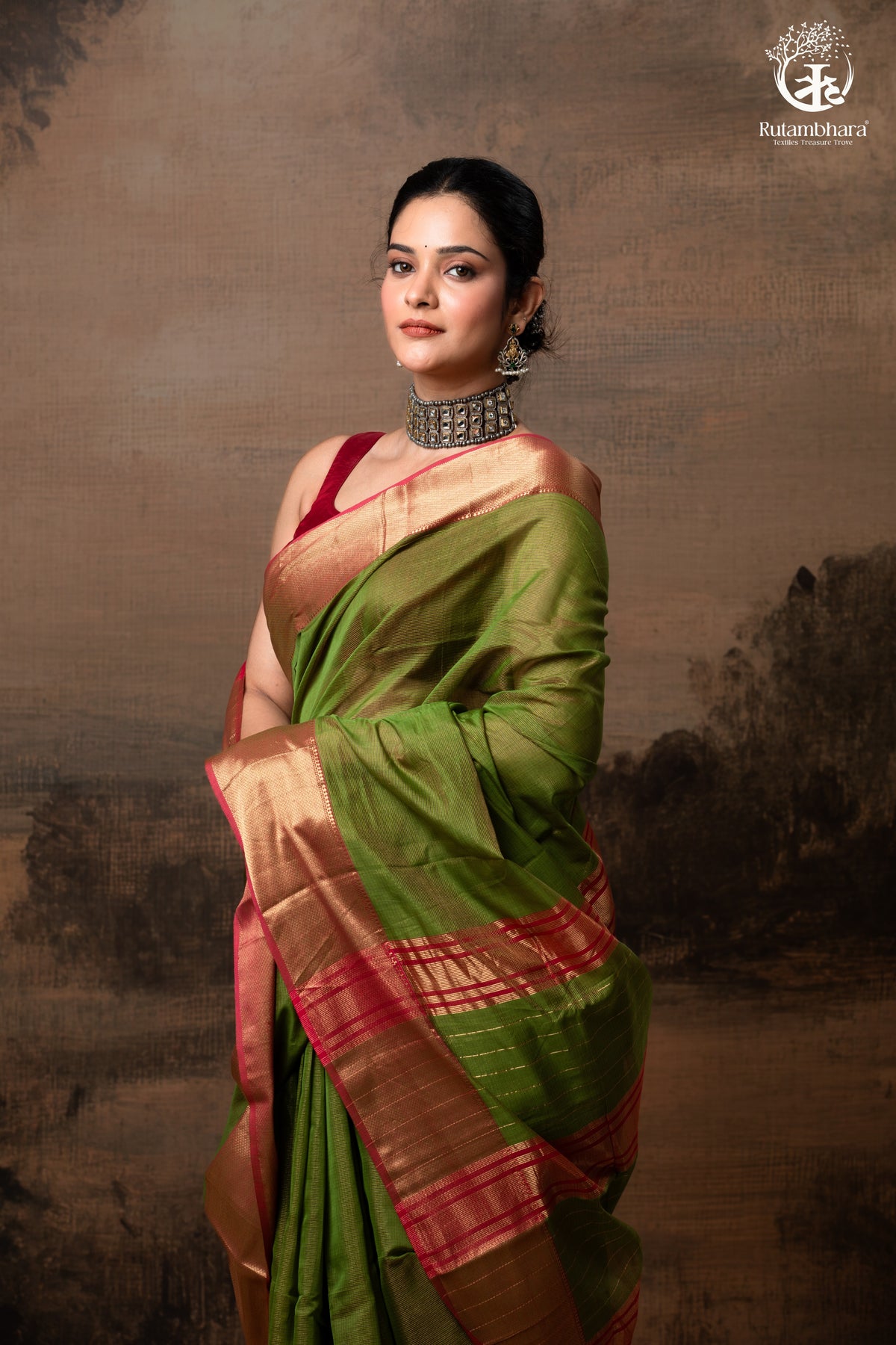 RAASTA - GREEN WITH DEEP PINK SELVEDGE AND GOLD ZARI CHATAI BORDER