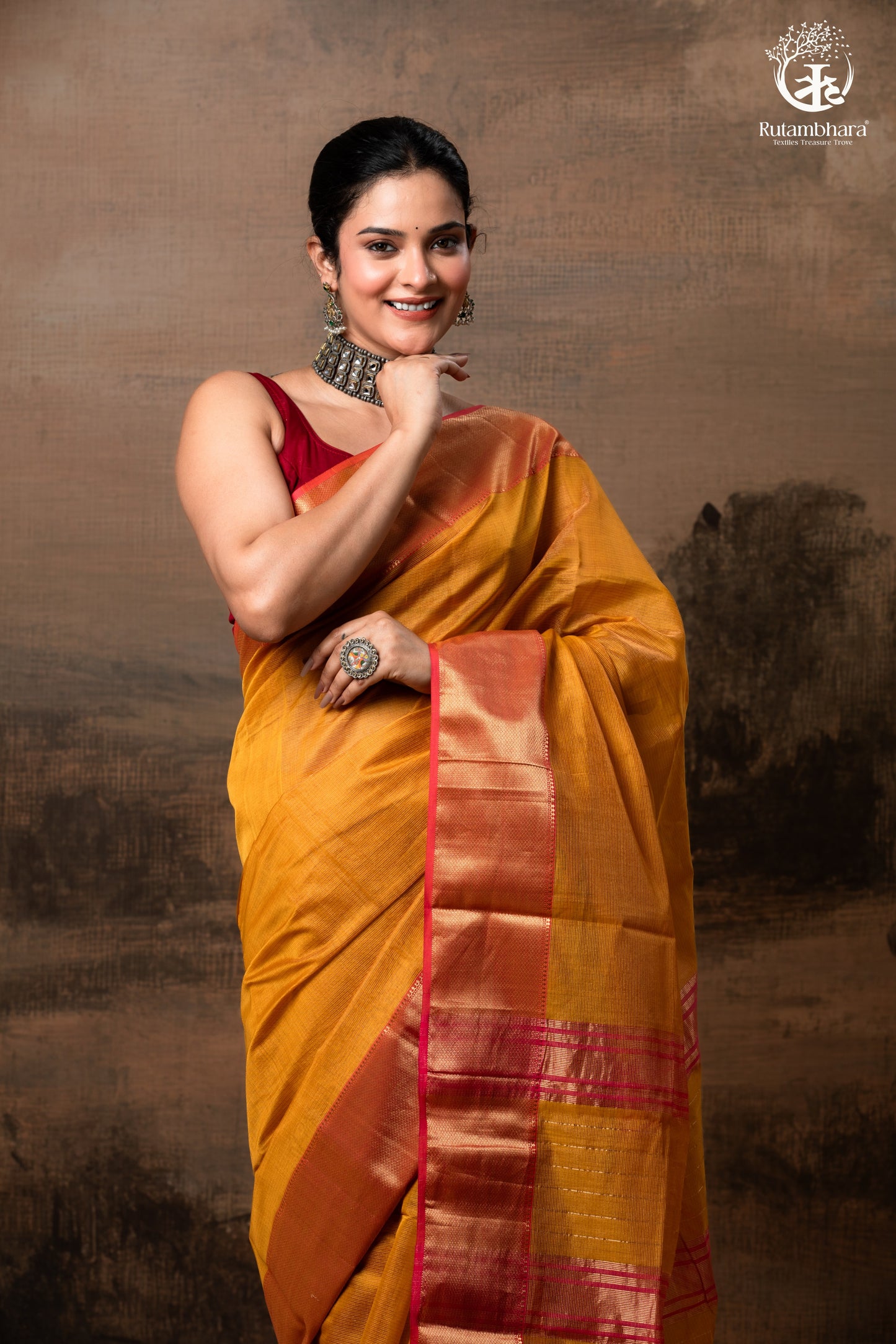 RAASTA - MUSTARD WITH DEEP PINK SELVEDGE AND GOLD ZARI CHATAI BORDER