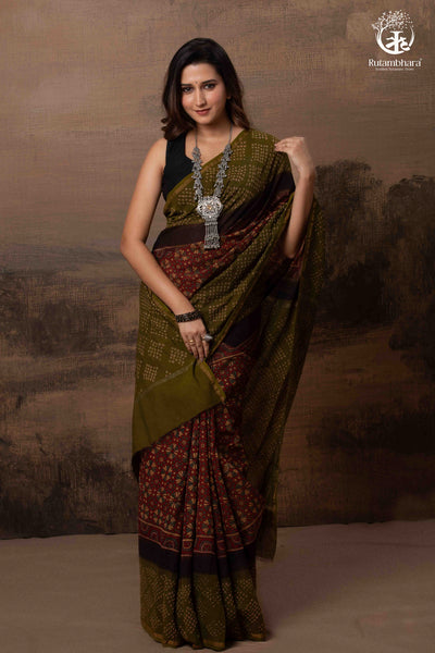 Handcrafted Ajrakh and Bandhani Chanderi Saree-Rutambhara-RUTAMBHARA