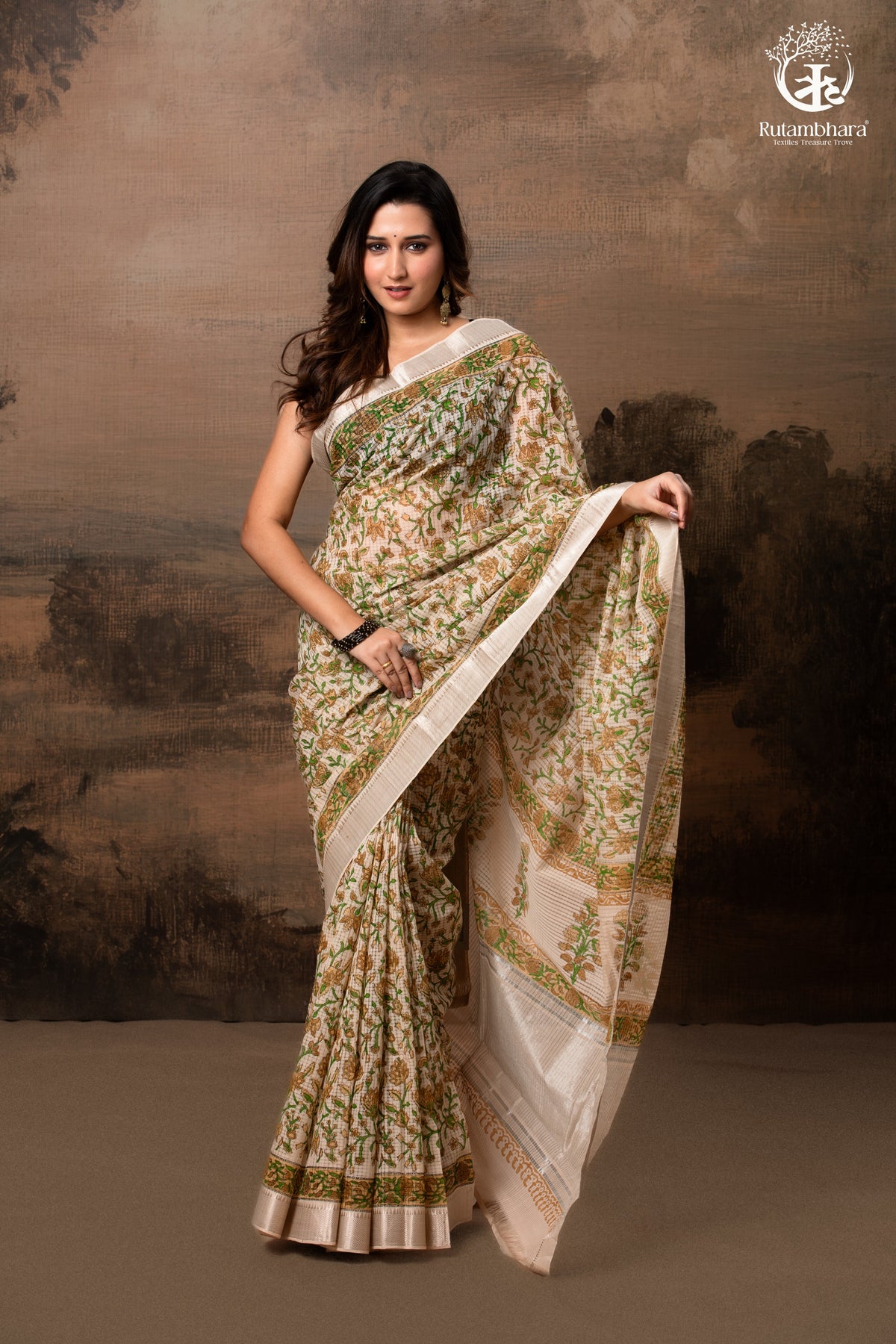 SIYAHI - BEIGE HANDWOVEN HAND BLOCK PRINTED GOLD ZARI BORDER COTTON SAREE