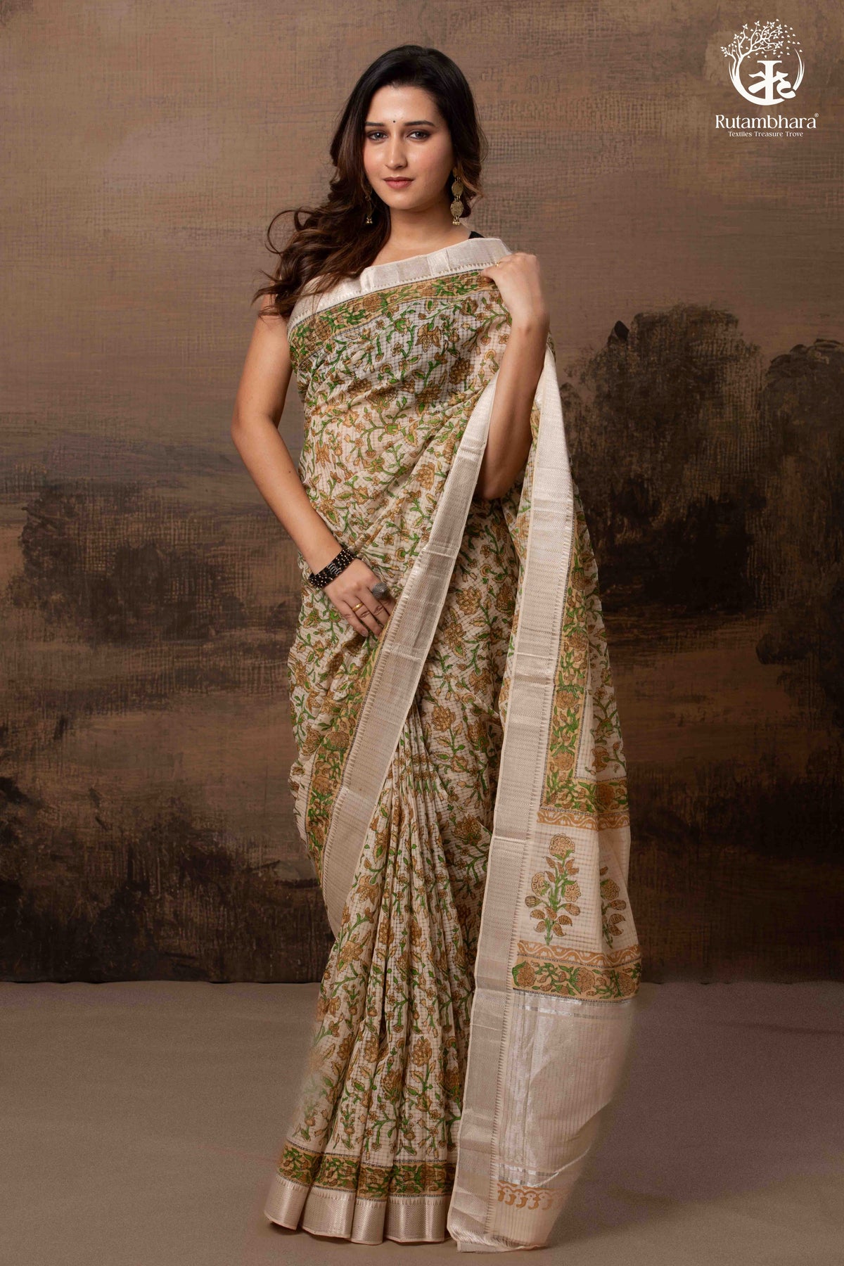 SIYAHI - BEIGE HANDWOVEN HAND BLOCK PRINTED GOLD ZARI BORDER COTTON SAREE
