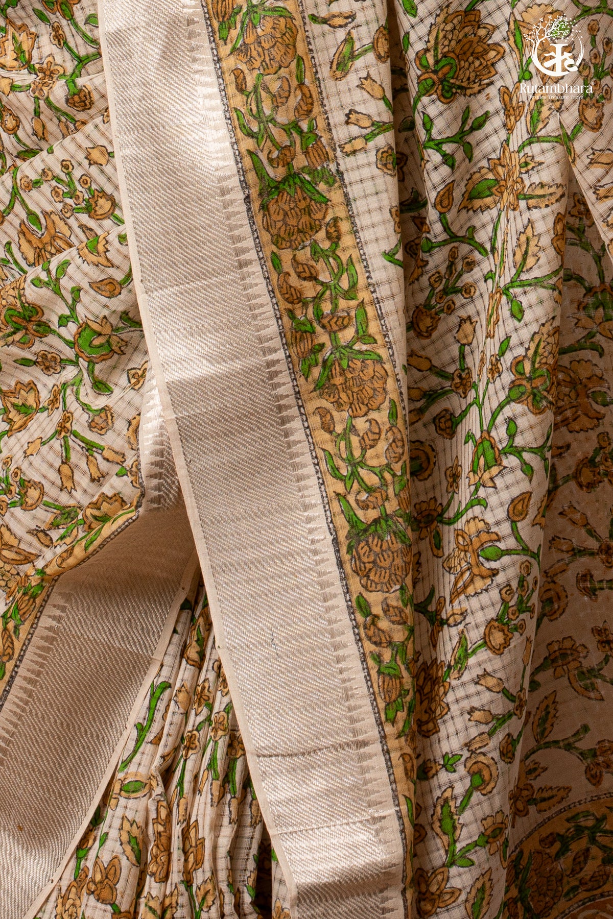 SIYAHI - BEIGE HANDWOVEN HAND BLOCK PRINTED GOLD ZARI BORDER COTTON SAREE