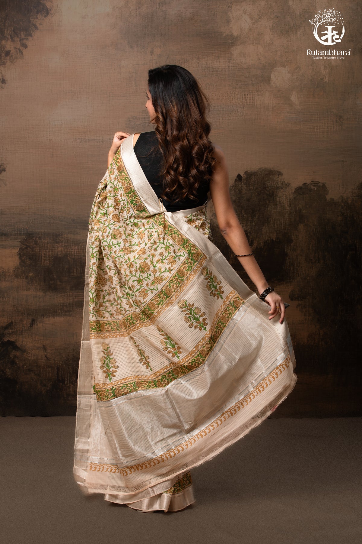 SIYAHI - BEIGE HANDWOVEN HAND BLOCK PRINTED GOLD ZARI BORDER COTTON SAREE