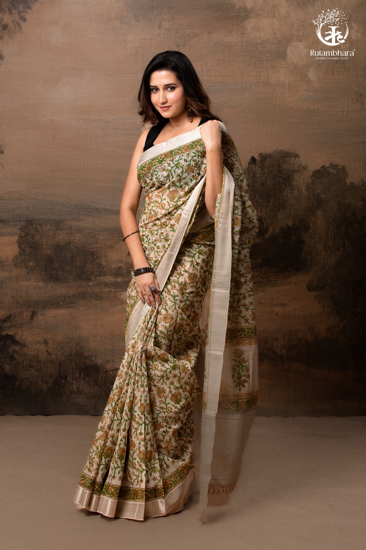 SIYAHI - BEIGE HANDWOVEN HAND BLOCK PRINTED GOLD ZARI BORDER COTTON SAREE