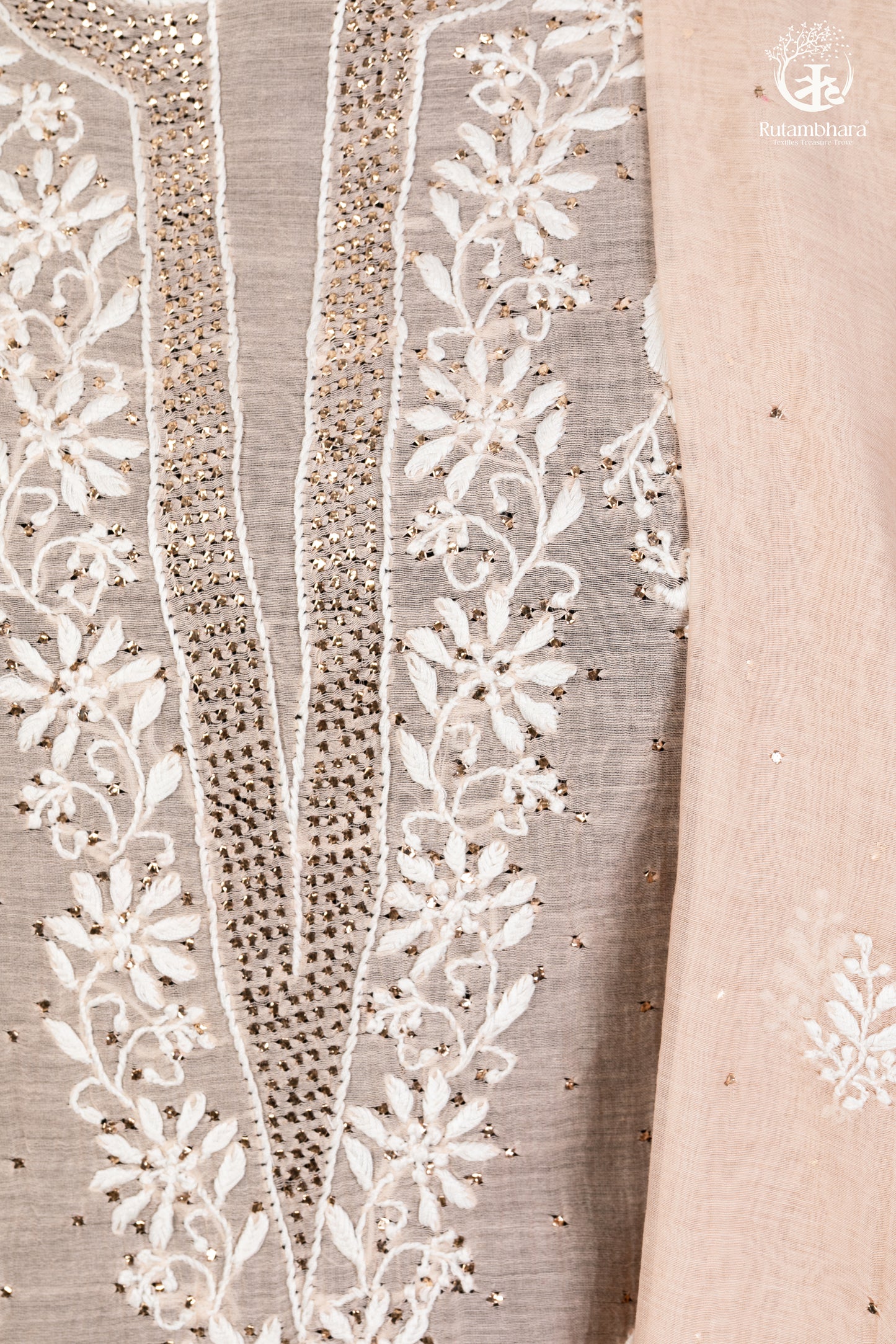 Beige Mul Chanderi Lucknowi Hand Embroidered Suit Set