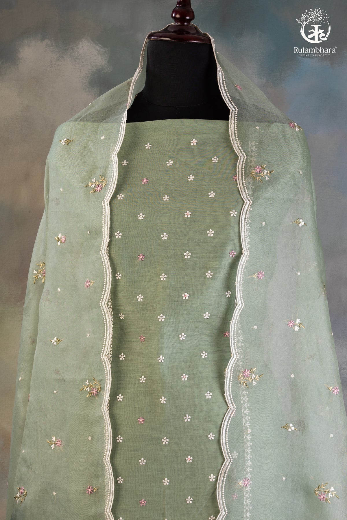 Soothing Sage Green Chanderi silk Cotton Embroidered Suit Set