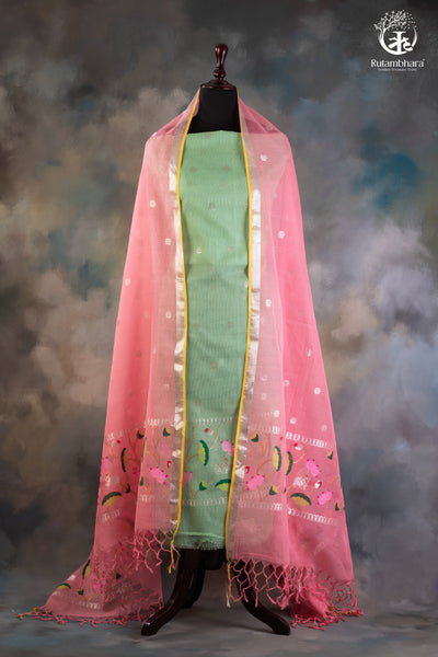 Aliyah - Mint Green & Pink Handwoven Pichwai Zari Kota Suit-RUTAMBHARA-RUTAMBHARA