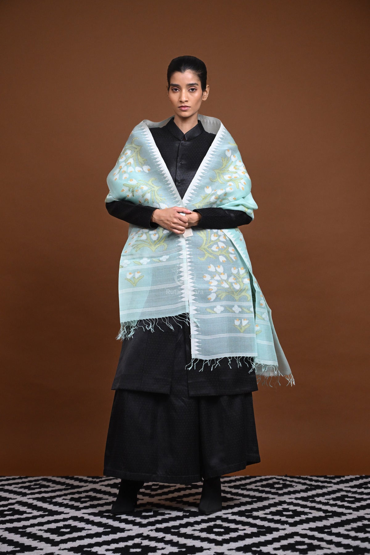 Meitei - Handwoven Aqua Green Silk dupatta with Extra weft motifs