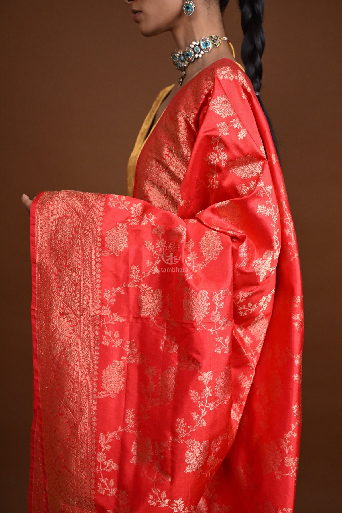 Noushk - Carrot Red Handloom Banarasi Silk Dupatta with Gold Zari Floral Jaal