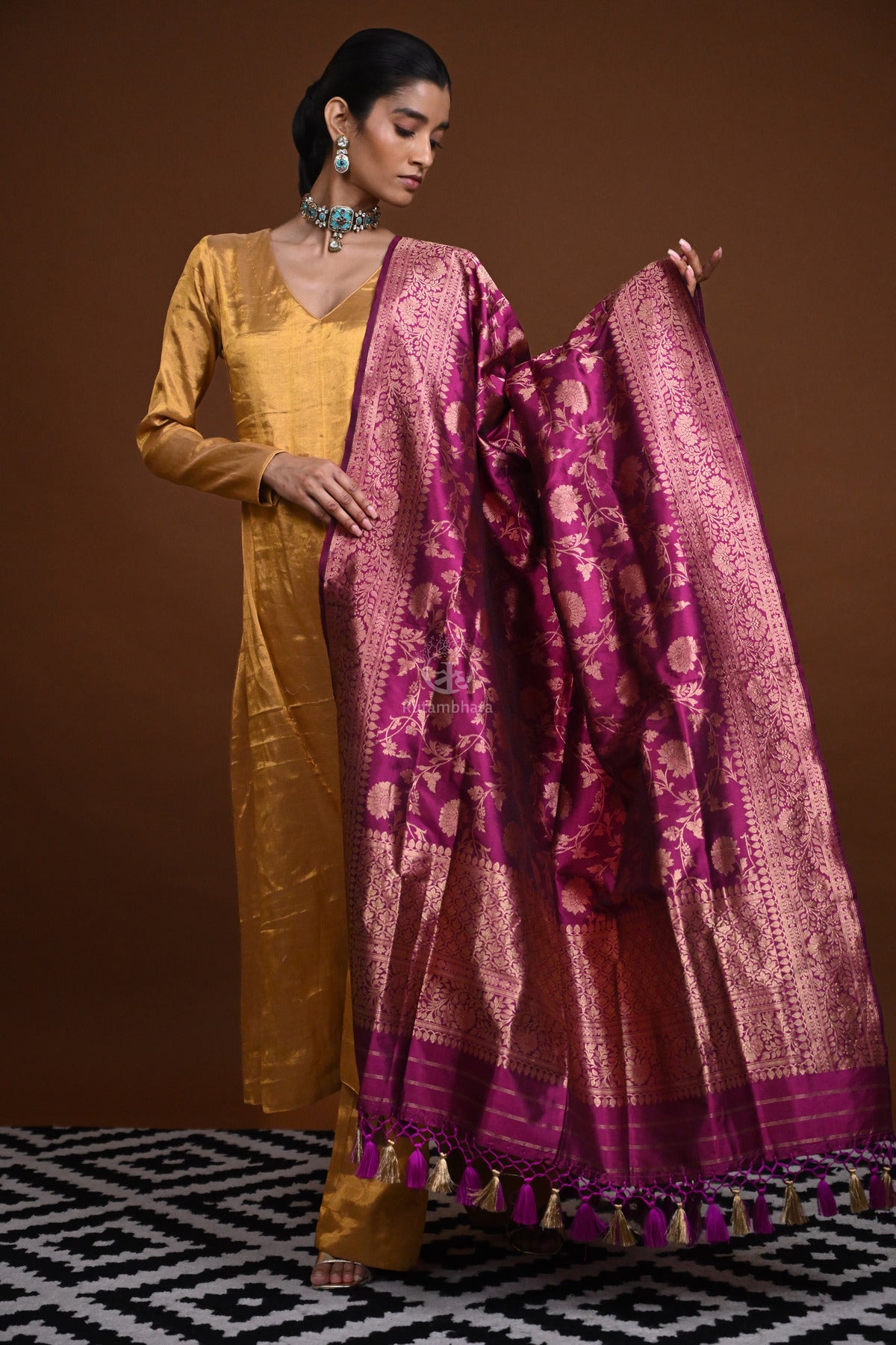 Noushk - Purple Handloom Banarasi Silk Dupatta with Gold Zari Floral Jaal