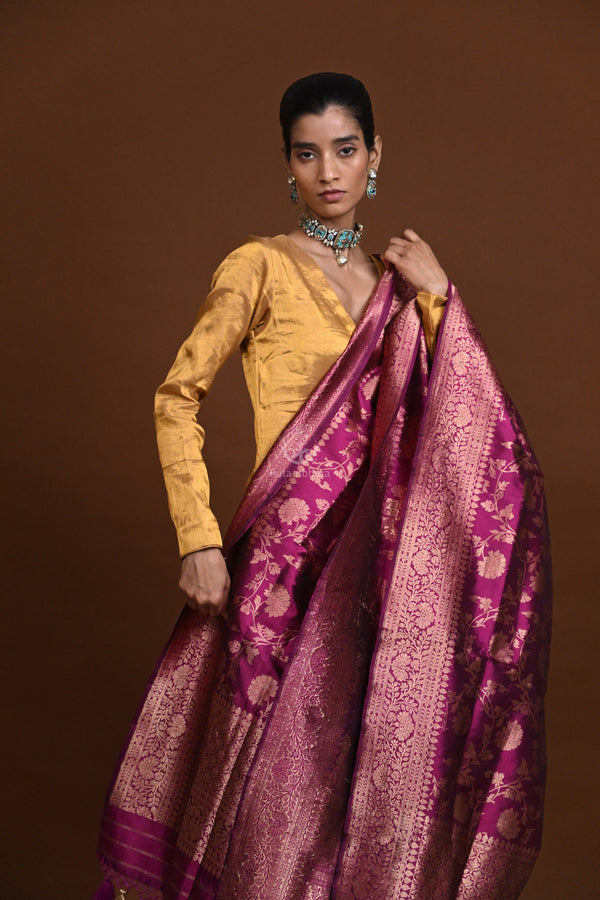 Noushk - Purple Handloom Banarasi Silk Dupatta with Gold Zari Floral Jaal-Rutambhara-RUTAMBHARA