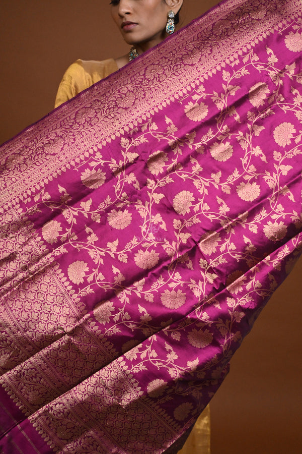 Noushk - Purple Handloom Banarasi Silk Dupatta with Gold Zari Floral Jaal-Rutambhara-RUTAMBHARA