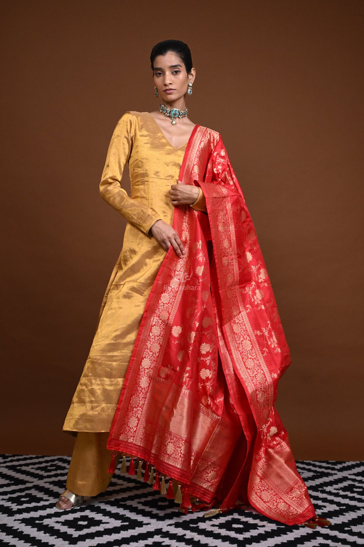 Noushk - Red Handloom Banarasi Silk Dupatta with Gold Zari border and floral jaal all over.