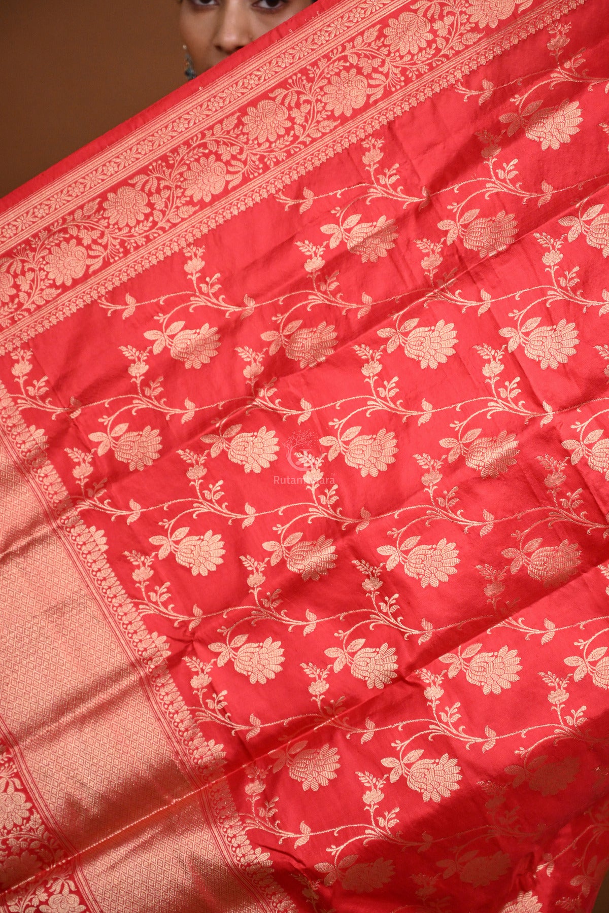Noushk - Red Handloom Banarasi Silk Dupatta with Gold Zari border and floral jaal all over.