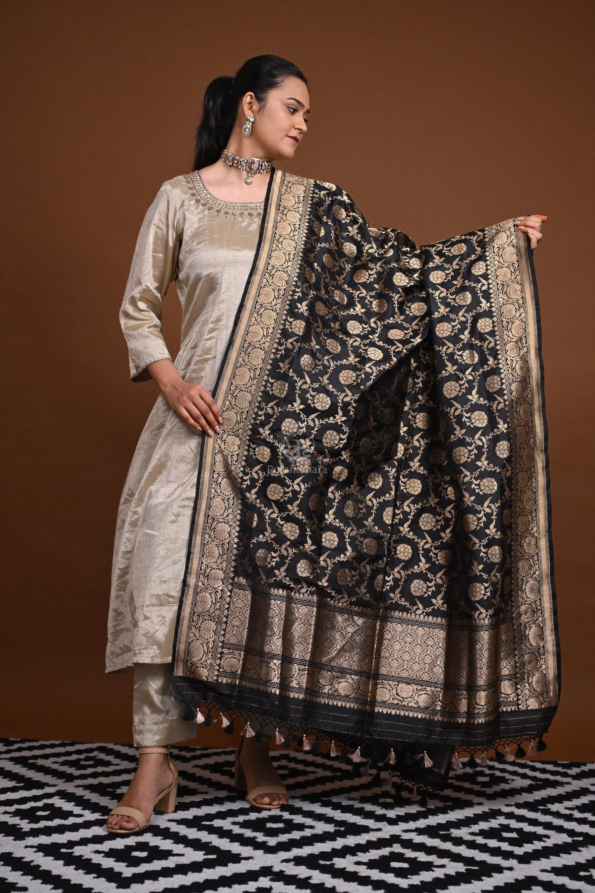 Noushk - Black Handloom Banarasi Silk Dupatta with Gold Zari Floral Jaal