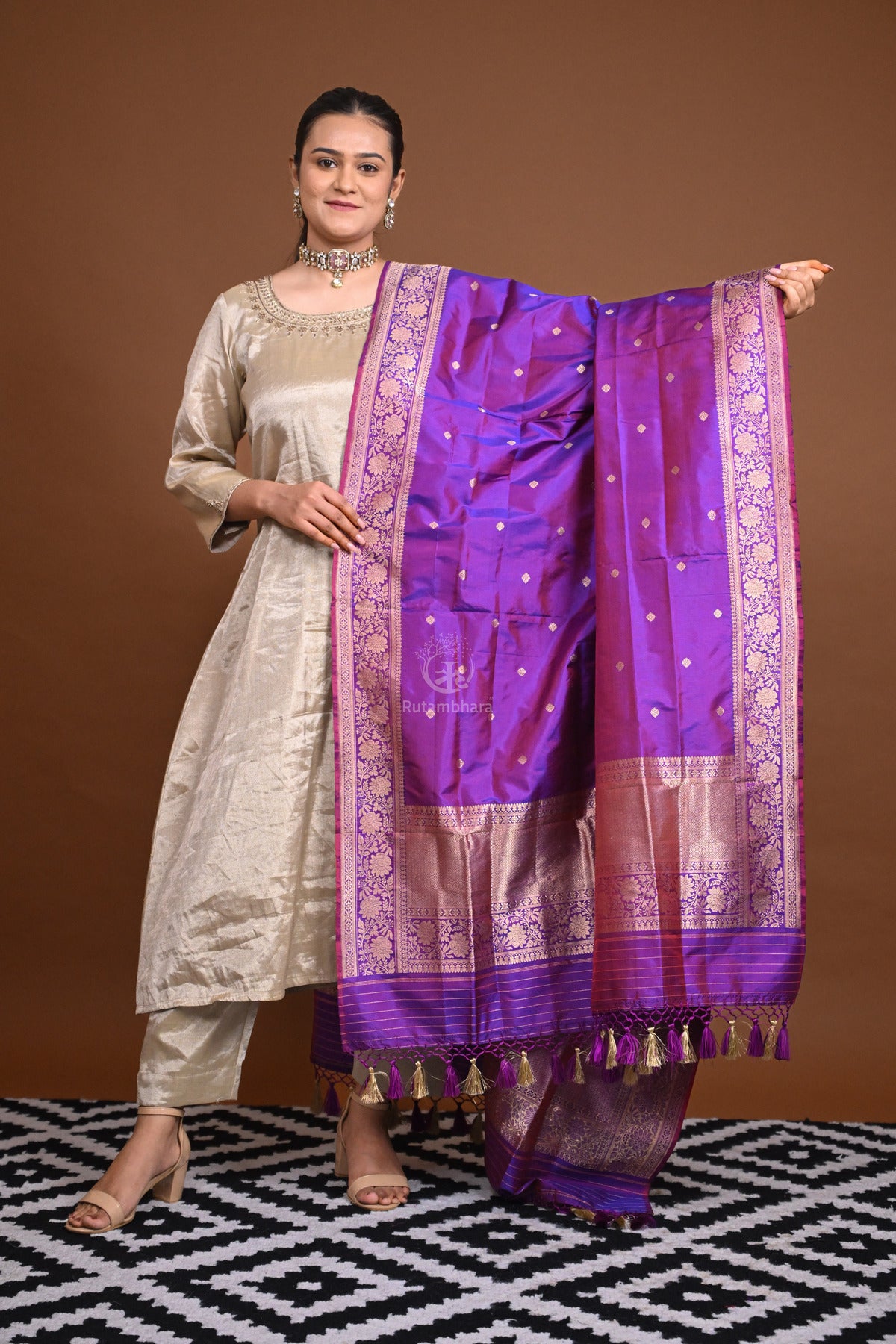 Noushk - Violet Handloom Banarasi Silk Dupatta with Gold Zari border and small buttas.
