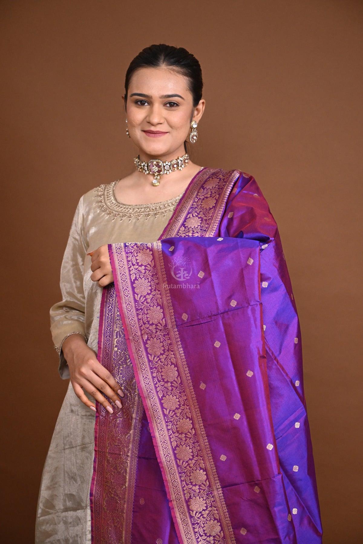 Noushk - Violet Handloom Banarasi Silk Dupatta with Gold Zari border and small buttas.