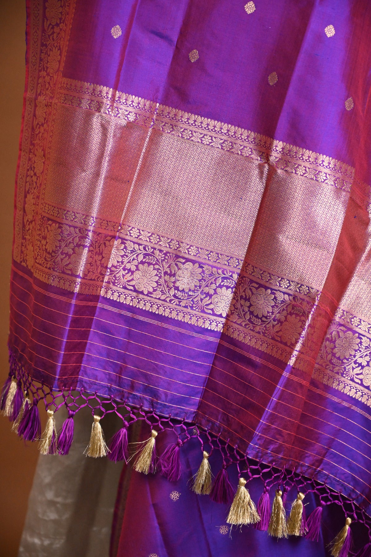 Noushk - Violet Handloom Banarasi Silk Dupatta with Gold Zari border and small buttas.