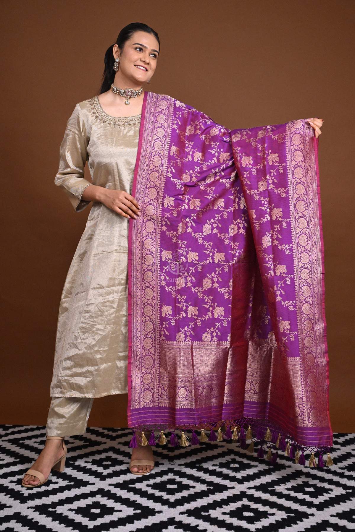 Noushk - Violet shot Red Handloom Banarasi Silk Dupatta with Gold Zari border and floral jaal all over.
