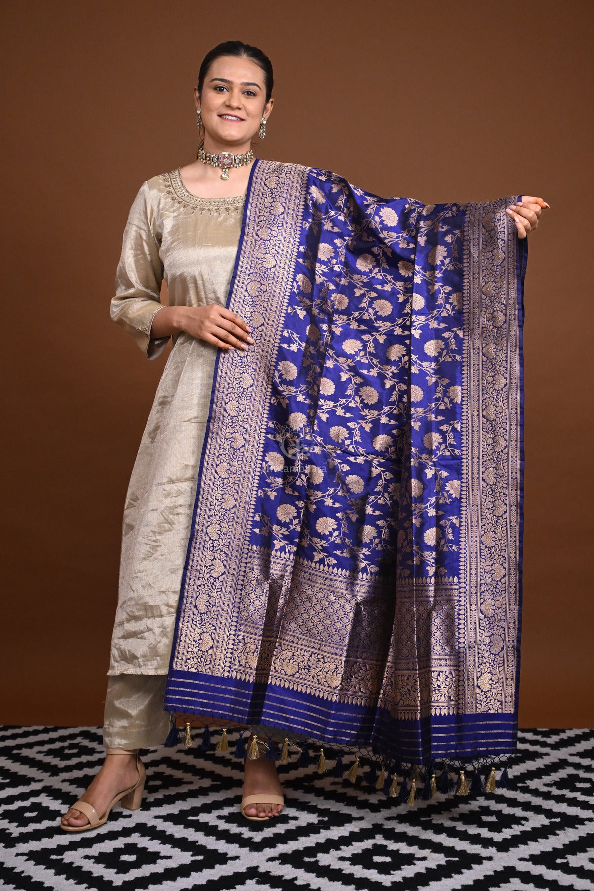 Noushk - Royal Blue Handloom Banarasi Silk Dupatta with Gold Zari border and floral jaal all over