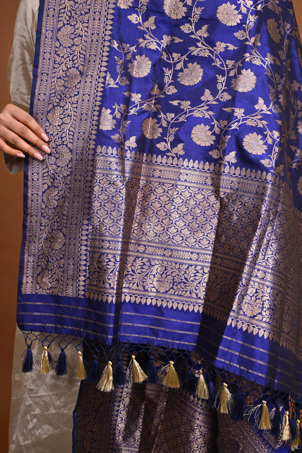 Noushk - Royal Blue Handloom Banarasi Silk Dupatta with Gold Zari border and floral jaal all over-Rutambhara-RUTAMBHARA