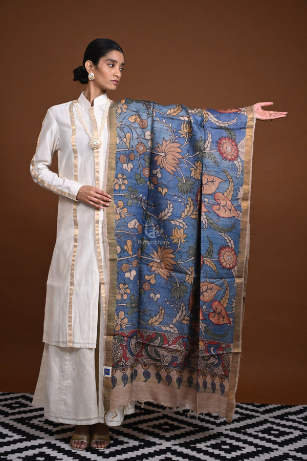 Hand Painted Pen Kalamkari Tussar Silk Dupatta-Rutambhara-RUTAMBHARA
