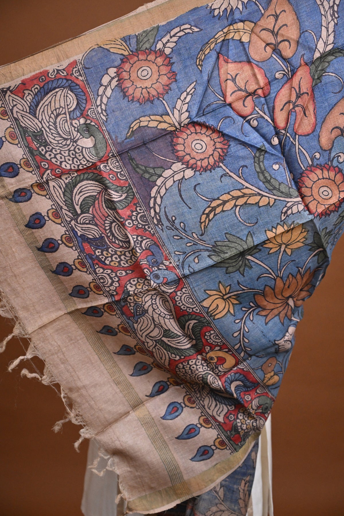 Hand Painted Pen Kalamkari Tussar Silk Dupatta