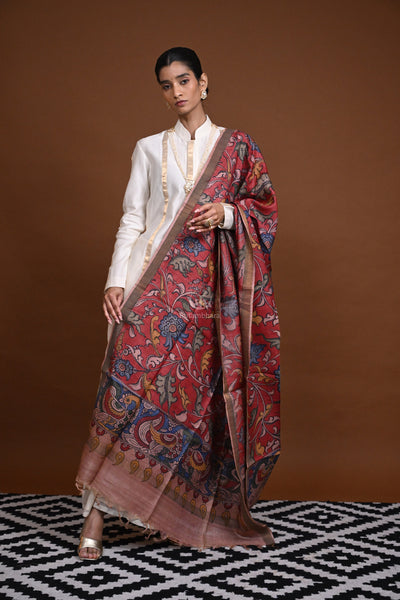 Hand Painted Pen Kalamkari Tussar Silk Dupatta-Rutambhara-RUTAMBHARA