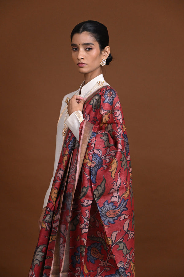 Hand Painted Pen Kalamkari Tussar Silk Dupatta-Rutambhara-RUTAMBHARA