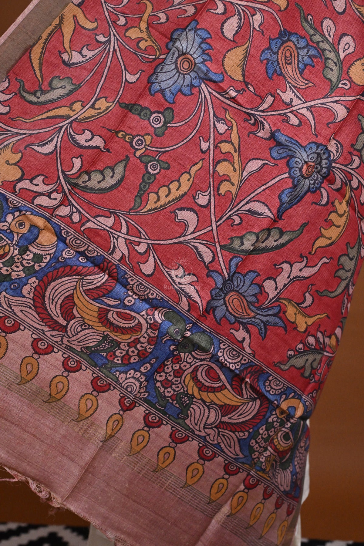 Hand Painted Pen Kalamkari Tussar Silk Dupatta