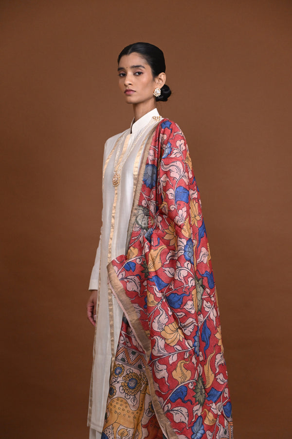 Hand Painted Pen Kalamkari Tussar Silk Dupatta-Rutambhara-RUTAMBHARA