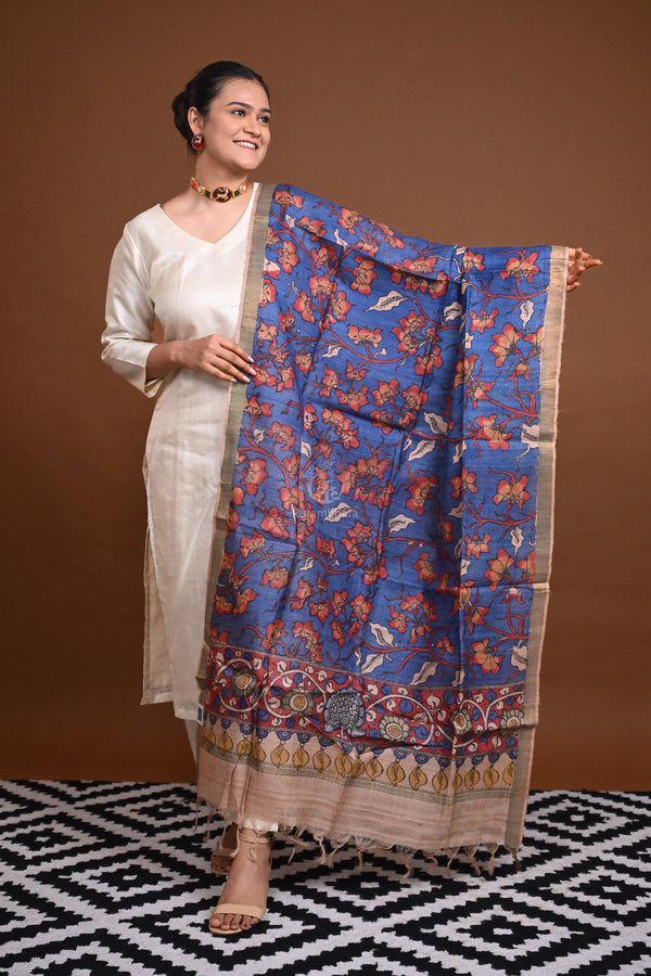 Hand Painted Pen Kalamkari Tussar Silk Dupatta-Rutambhara-RUTAMBHARA