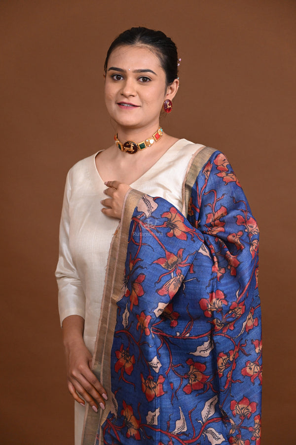Hand Painted Pen Kalamkari Tussar Silk Dupatta-Rutambhara-RUTAMBHARA