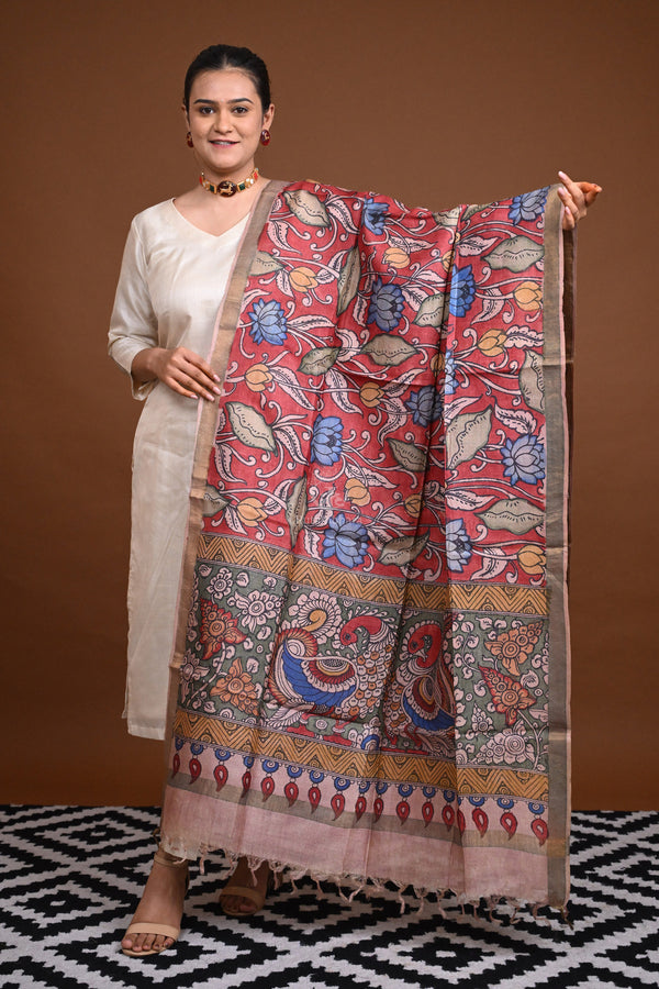 Hand Painted Pen Kalamkari Tussar Silk Dupatta-Rutambhara-RUTAMBHARA