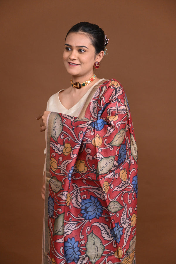 Hand Painted Pen Kalamkari Tussar Silk Dupatta-Rutambhara-RUTAMBHARA