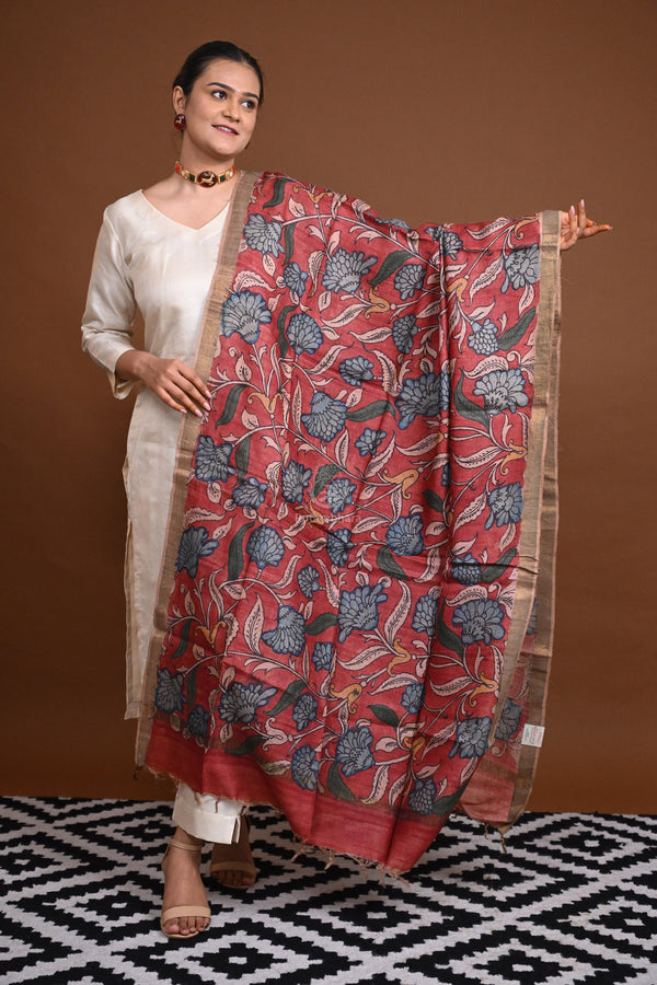 Hand Painted Pen Kalamkari Tussar Silk Dupatta-Rutambhara-RUTAMBHARA