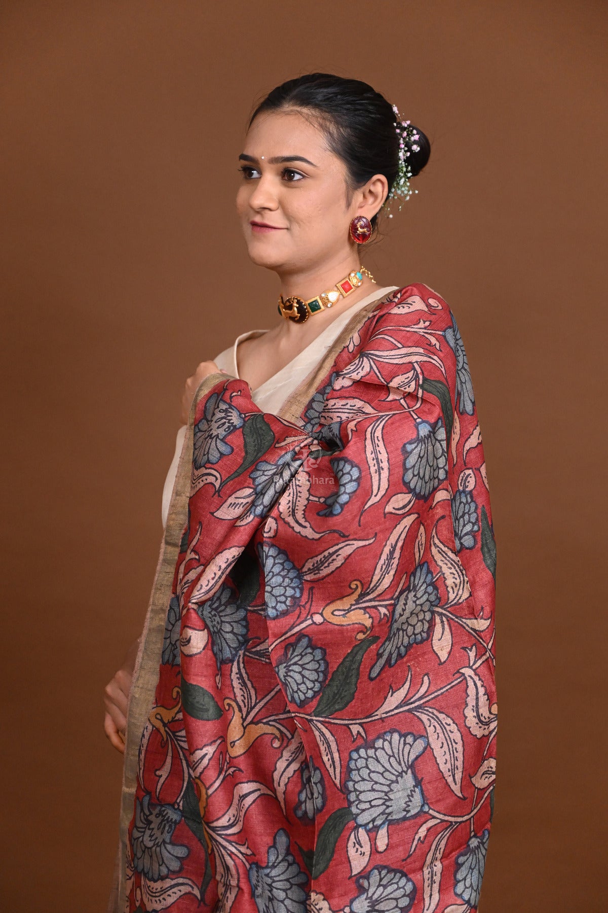 Hand Painted Pen Kalamkari Tussar Silk Dupatta
