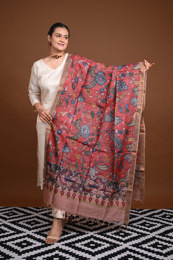 Hand Painted Pen Kalamkari Tussar Silk Dupatta-Rutambhara-RUTAMBHARA