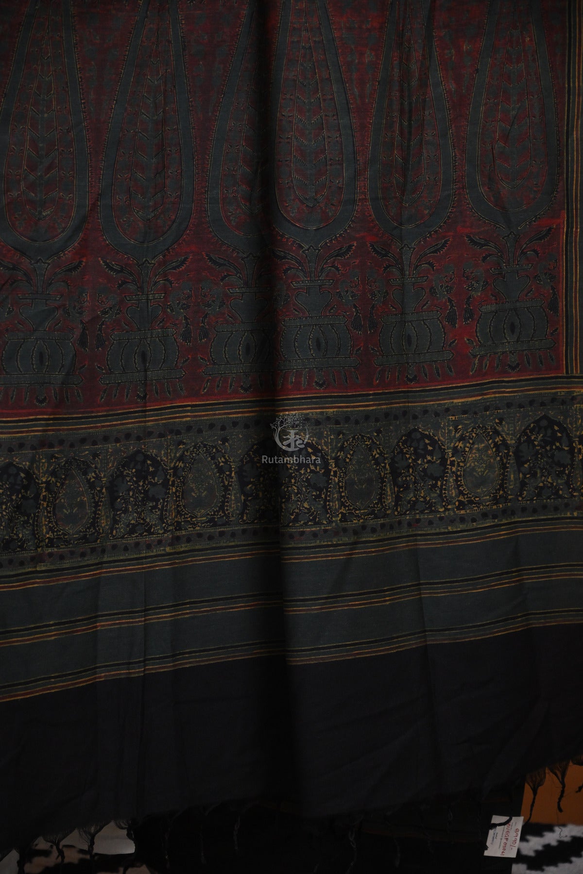 Dark Green Ajrakh Printed Muga Tussar Dupatta
