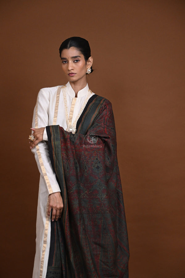 Dark Green Ajrakh Printed Muga Tussar Dupatta-Rutambhara-RUTAMBHARA