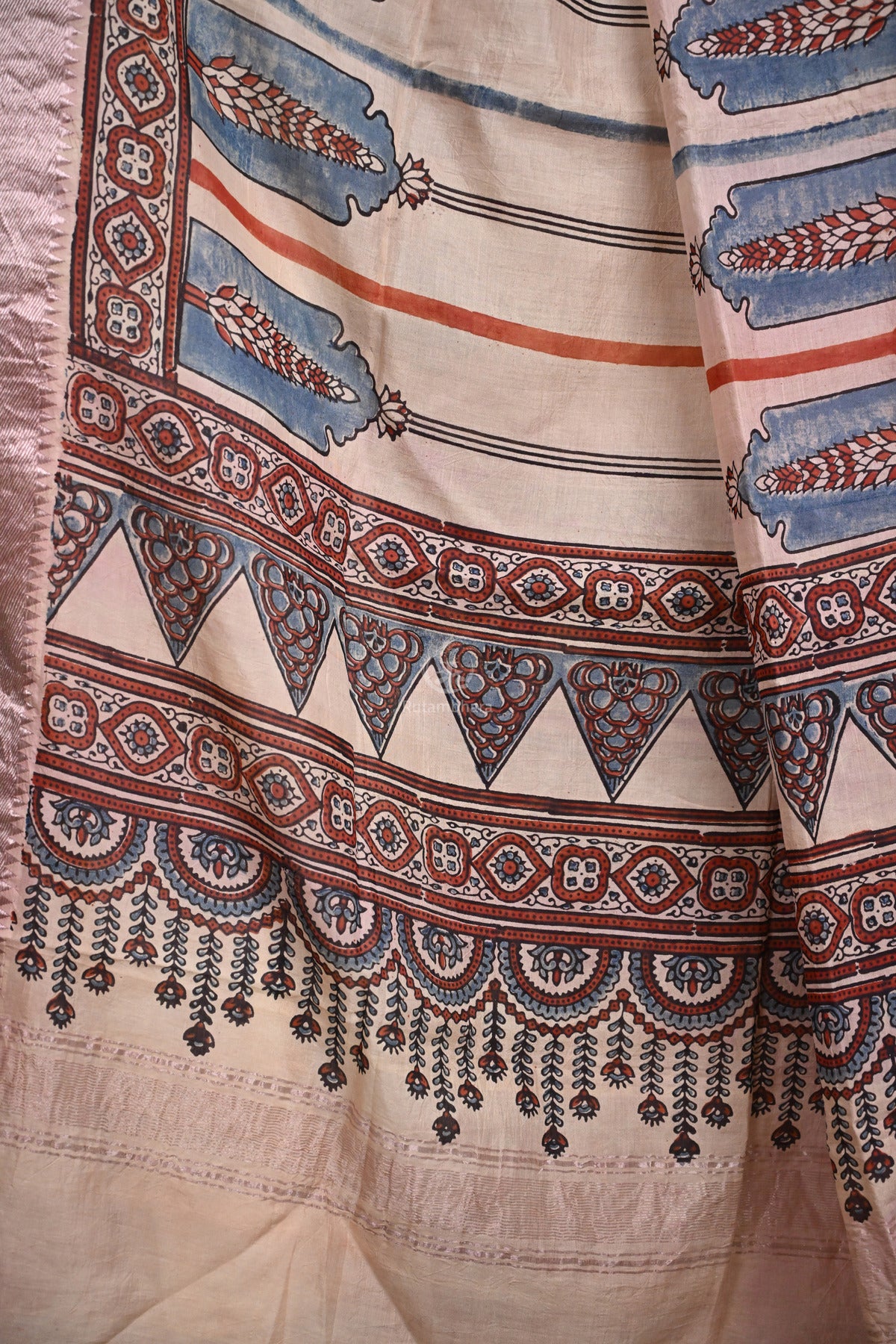 Ushraa - Beige Handblock printed Ajrakh Mangalgiri Dupatta