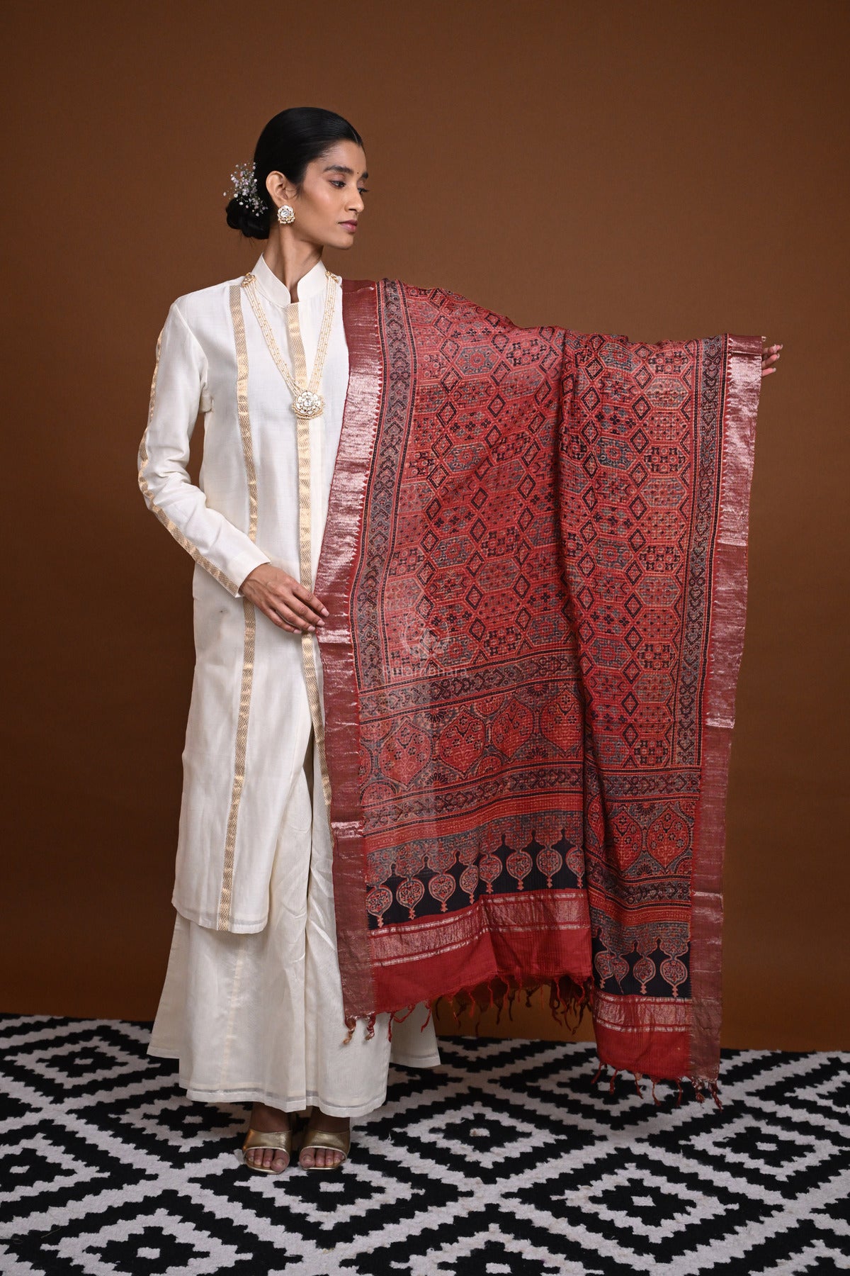 Ushraa - Deep Rust Orange Handblock printed Ajrakh Mangalgiri Dupatta