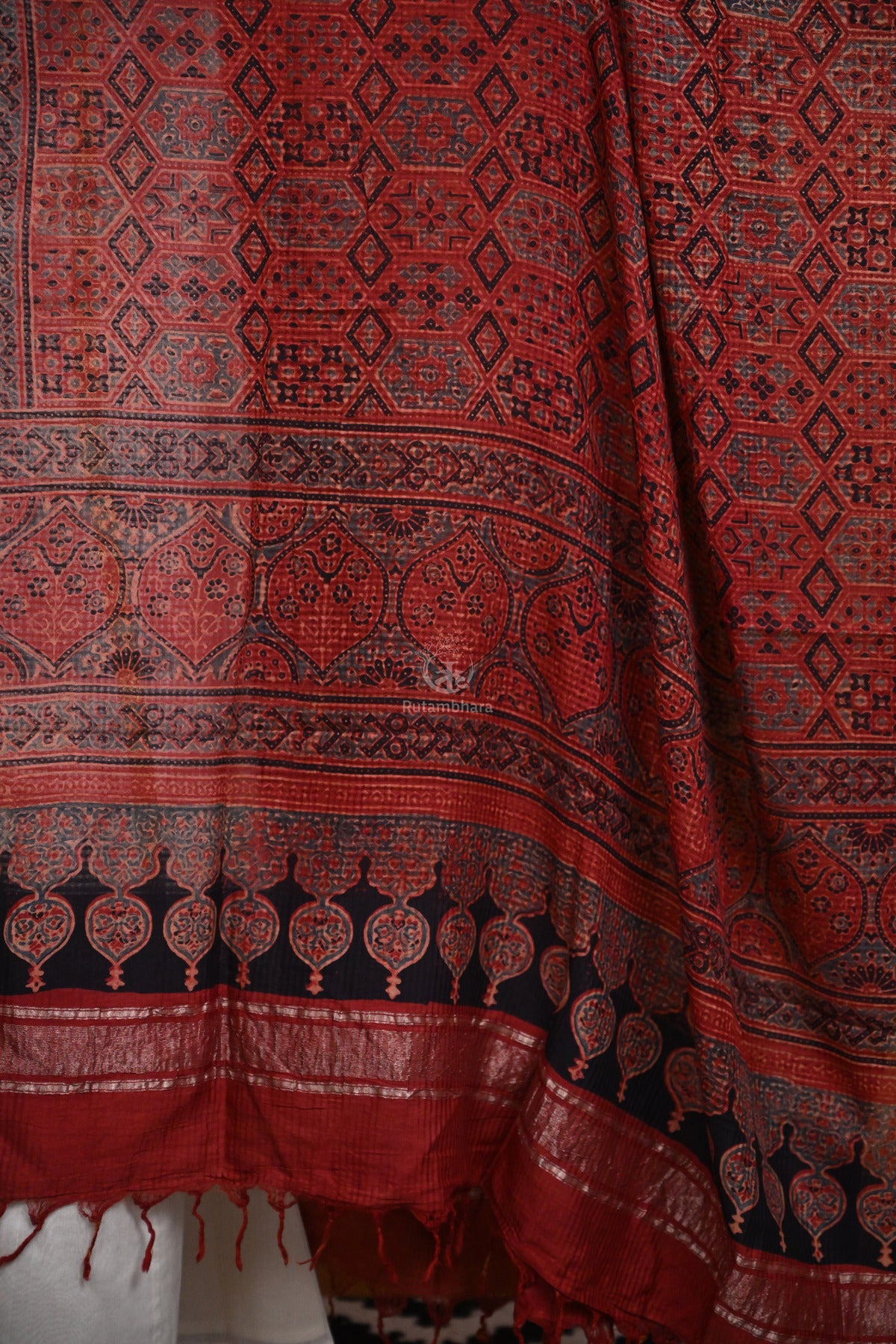 Ushraa - Deep Rust Orange Handblock printed Ajrakh Mangalgiri Dupatta