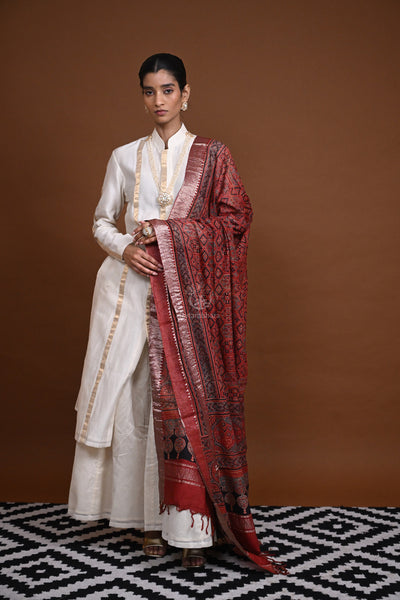 Ushraa - Deep Rust Orange Handblock printed Ajrakh Mangalgiri Dupatta-Rutambhara-RUTAMBHARA